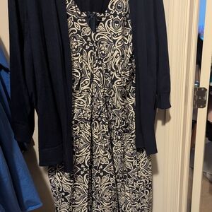 Navy and White Paisley Dress with Cardigan
